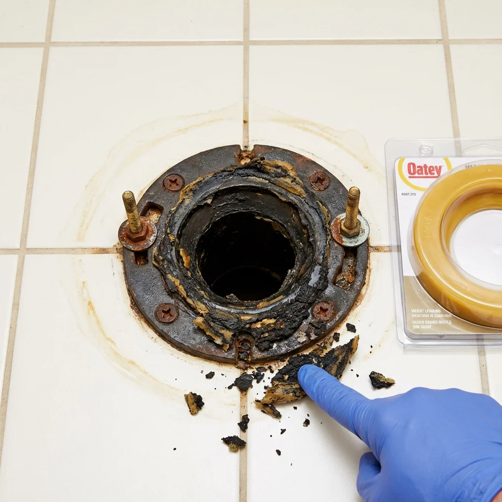 Failed wax ring showing water seepage at the base of a toilet in a Winnsboro, LA home