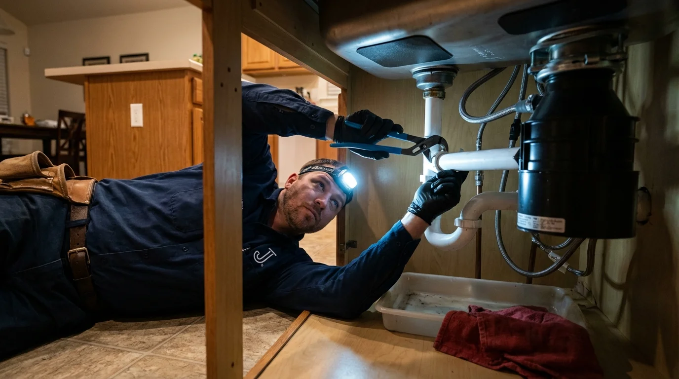 P-trap and supply line connections under a kitchen sink showing a common leak point in Winnsboro, LA